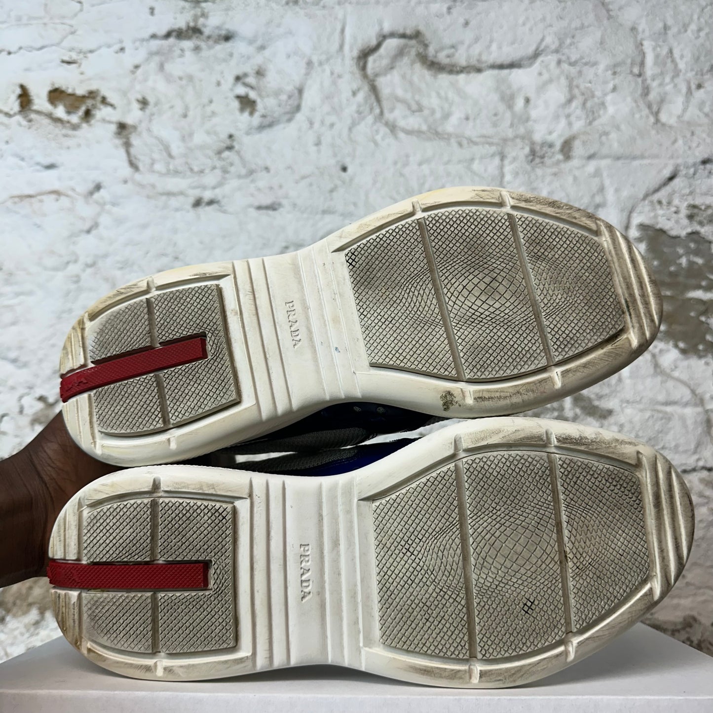 Prada Americas Cup Dark Blue Patent Grey White Sneaker Sz 7