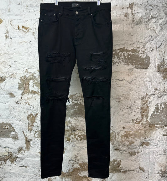 Amiri MX1 Black Leather Black Denim Jeans Sz 38