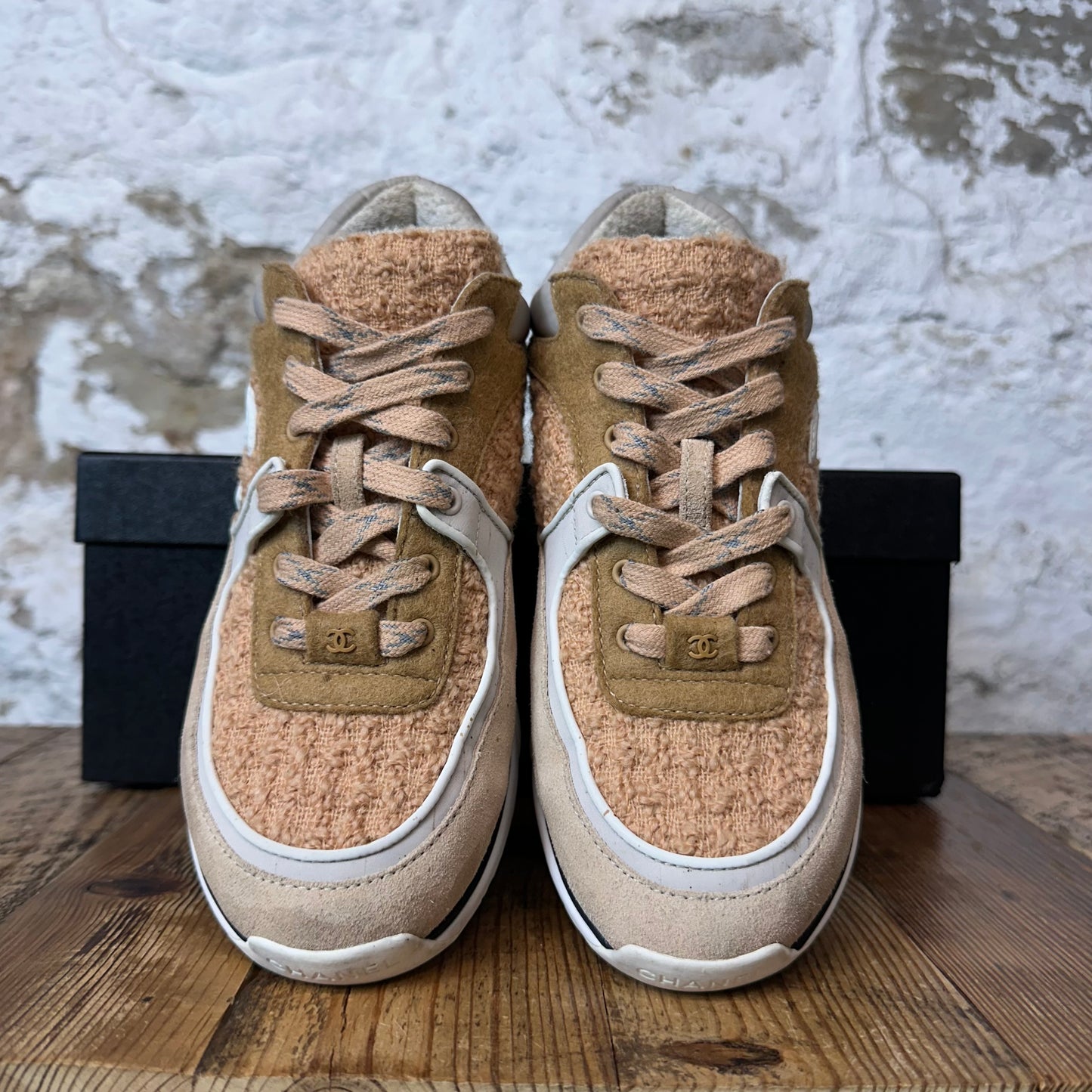 Chanel White CC Tan Tweed Trainer Sneaker Sz 4.5 (36.5)