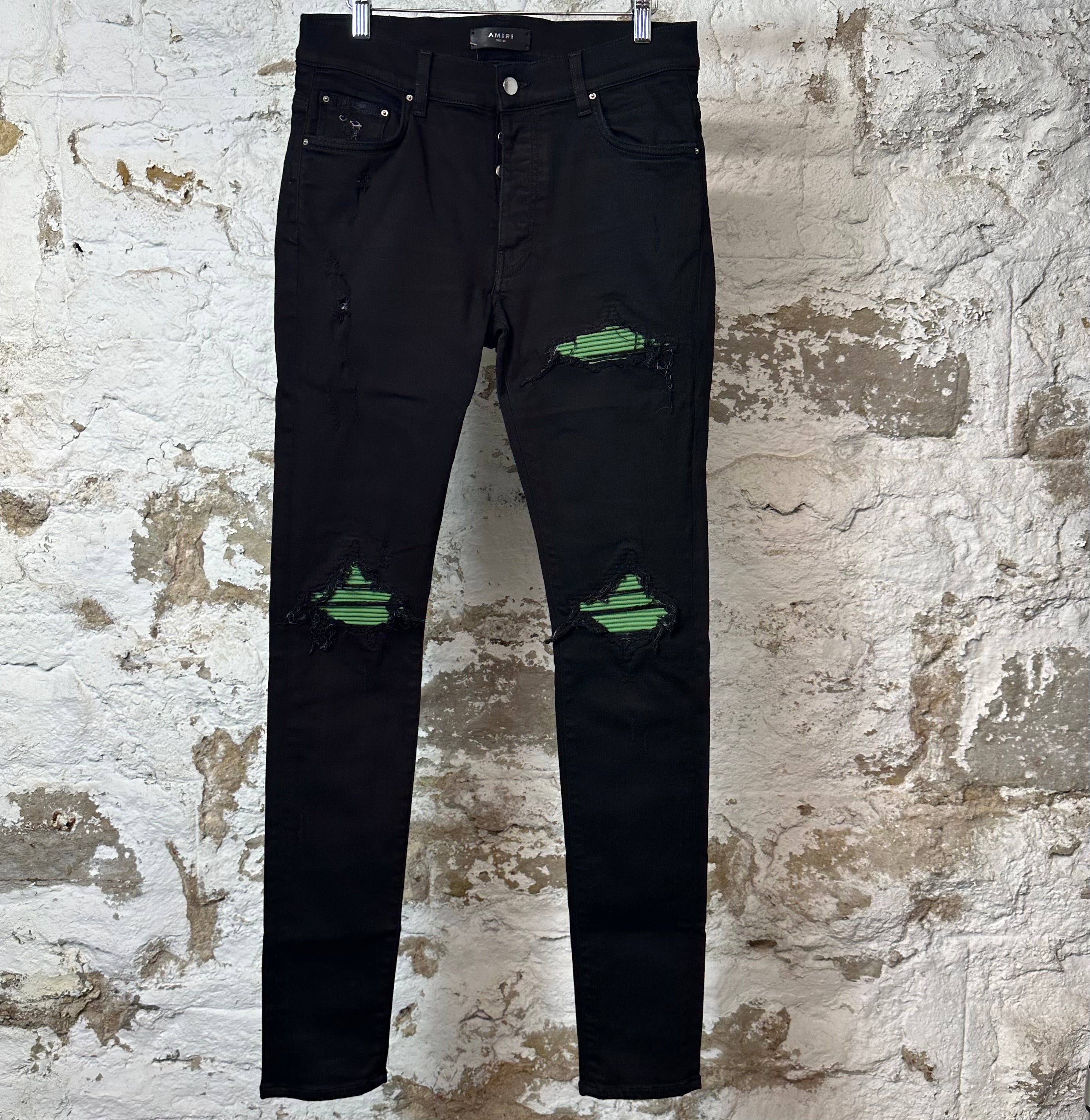 Amiri MX1 Green Leather Black Denim Jeans Sz 30