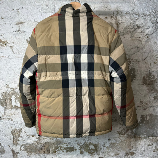 Burberry Tan Plaid Black Reversible Puffer Jacket Sz S (Stains)
