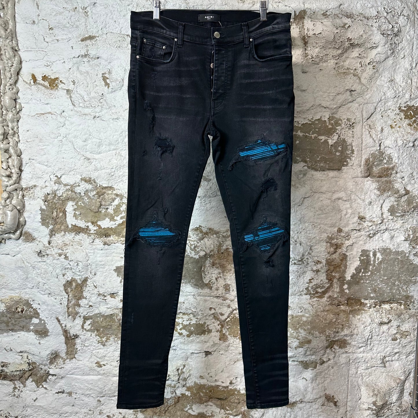 Amiri MX1 Cracked Blue Black Denim Jeans Sz 34