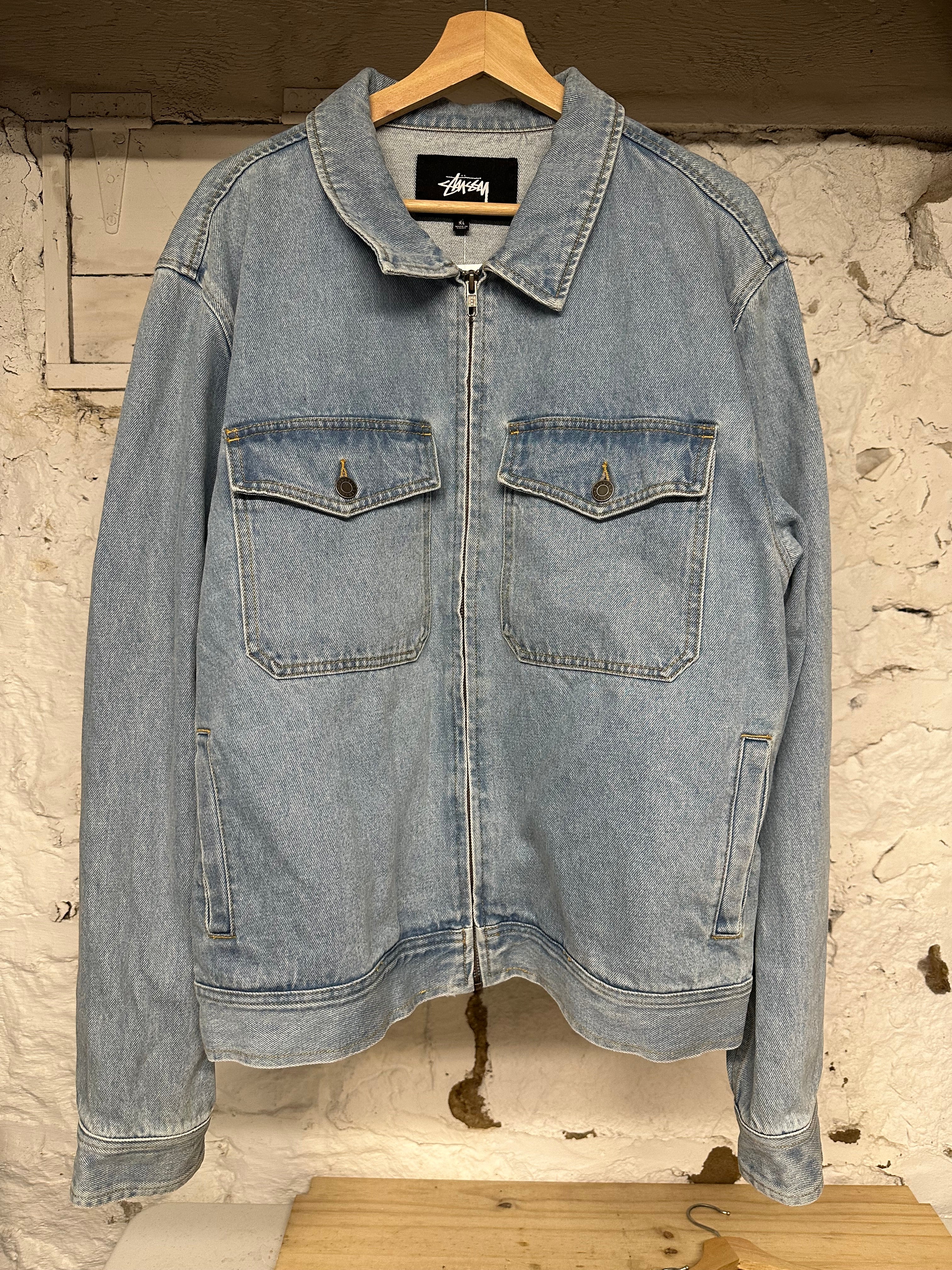 Stussy Light Blue Zip Up Denim Jacket Sz XL