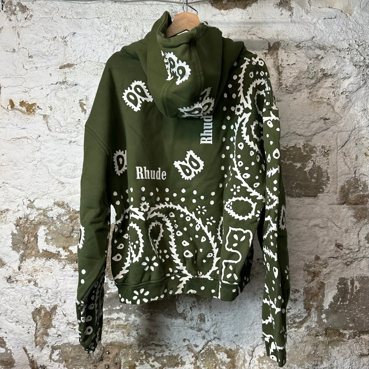 Rhude White Paisley Olive Green Hoodie Sz L