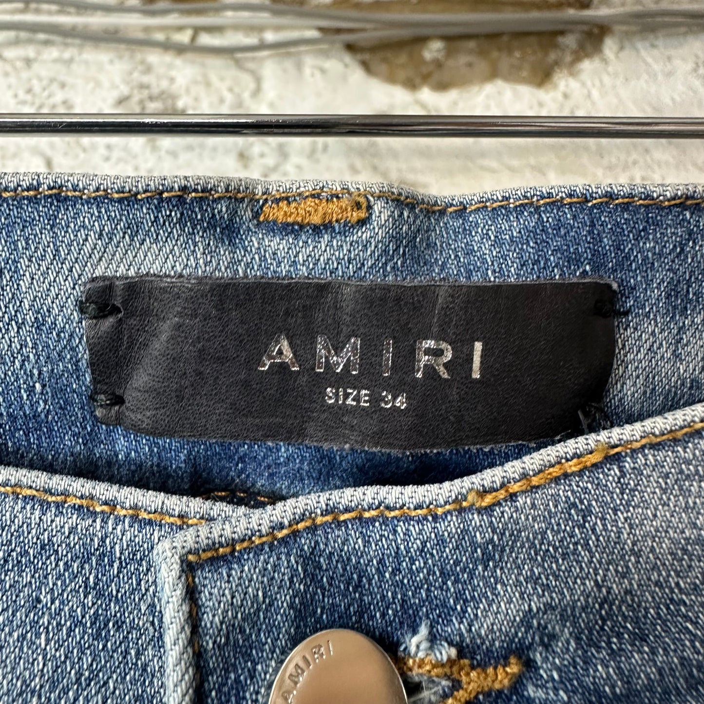 Amiri MX2 Yellow Brown Patch Blue Denim Jeans Sz 34