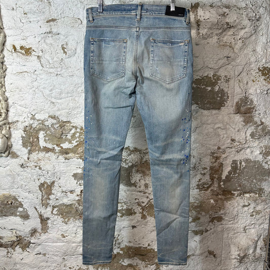 Amiri Knee Rip Crystal Splatter Blue Denim Jeans Sz 32