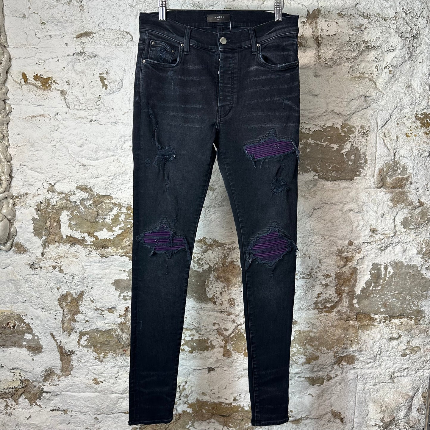 Amiri MX1 Purple Suede Black Denim Jeans Sz 31