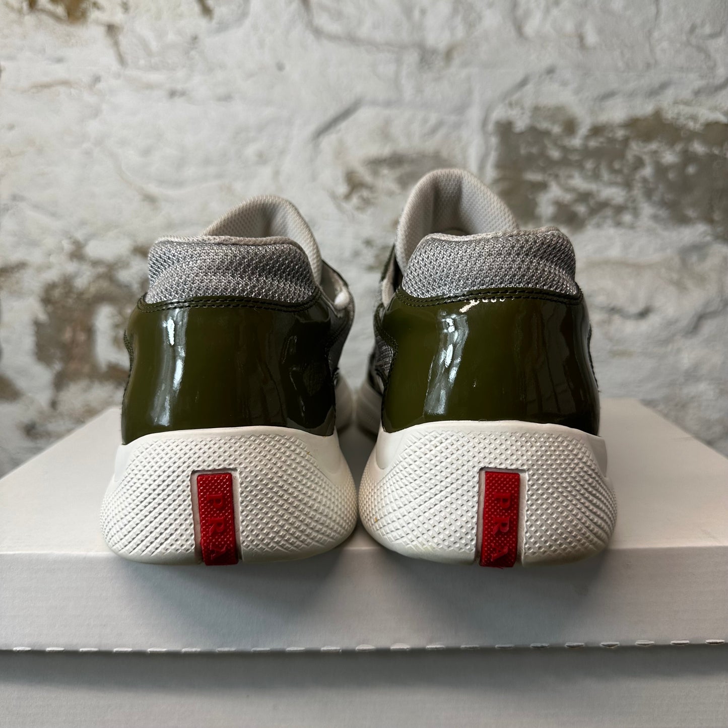 Prada Americas Cup Olive Patent Grey White Sneaker Sz 9