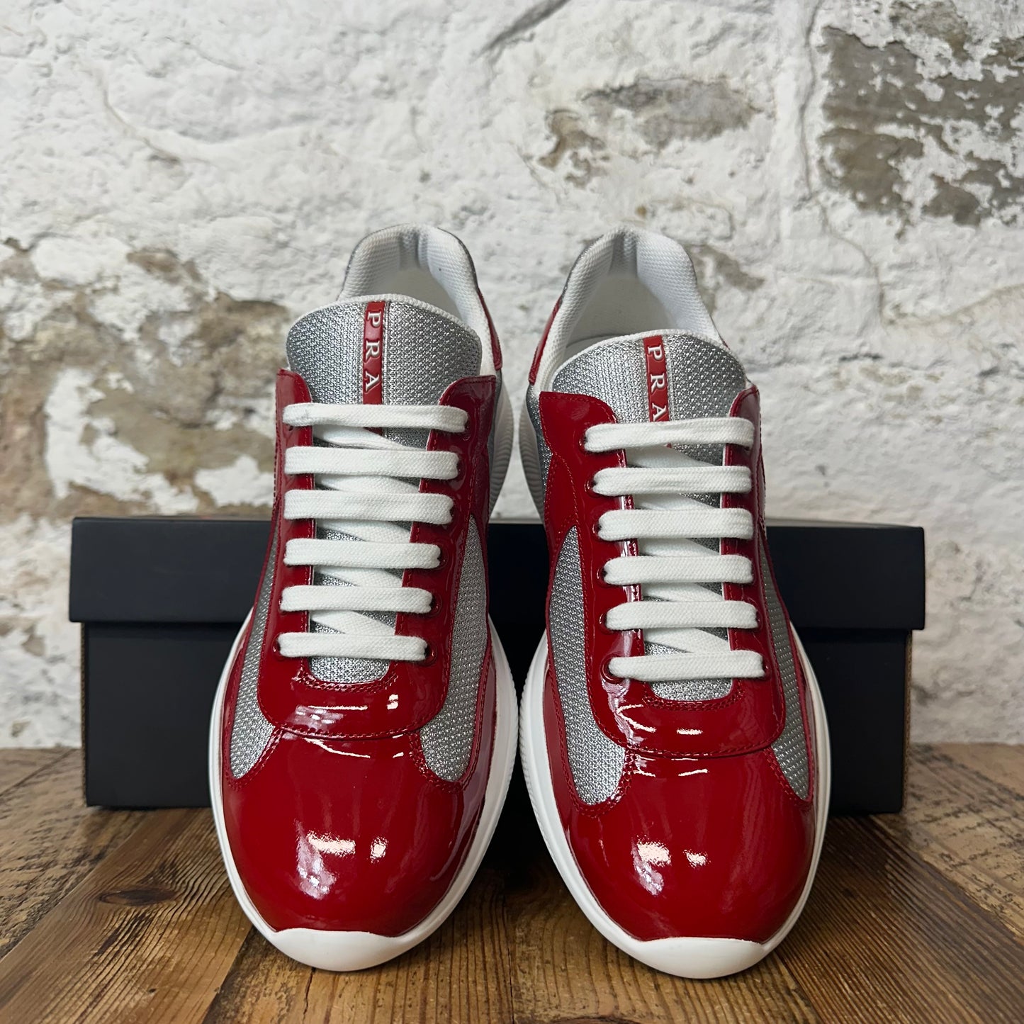 Prada Americas Cup Red Patent Grey White Sneaker Sz 8