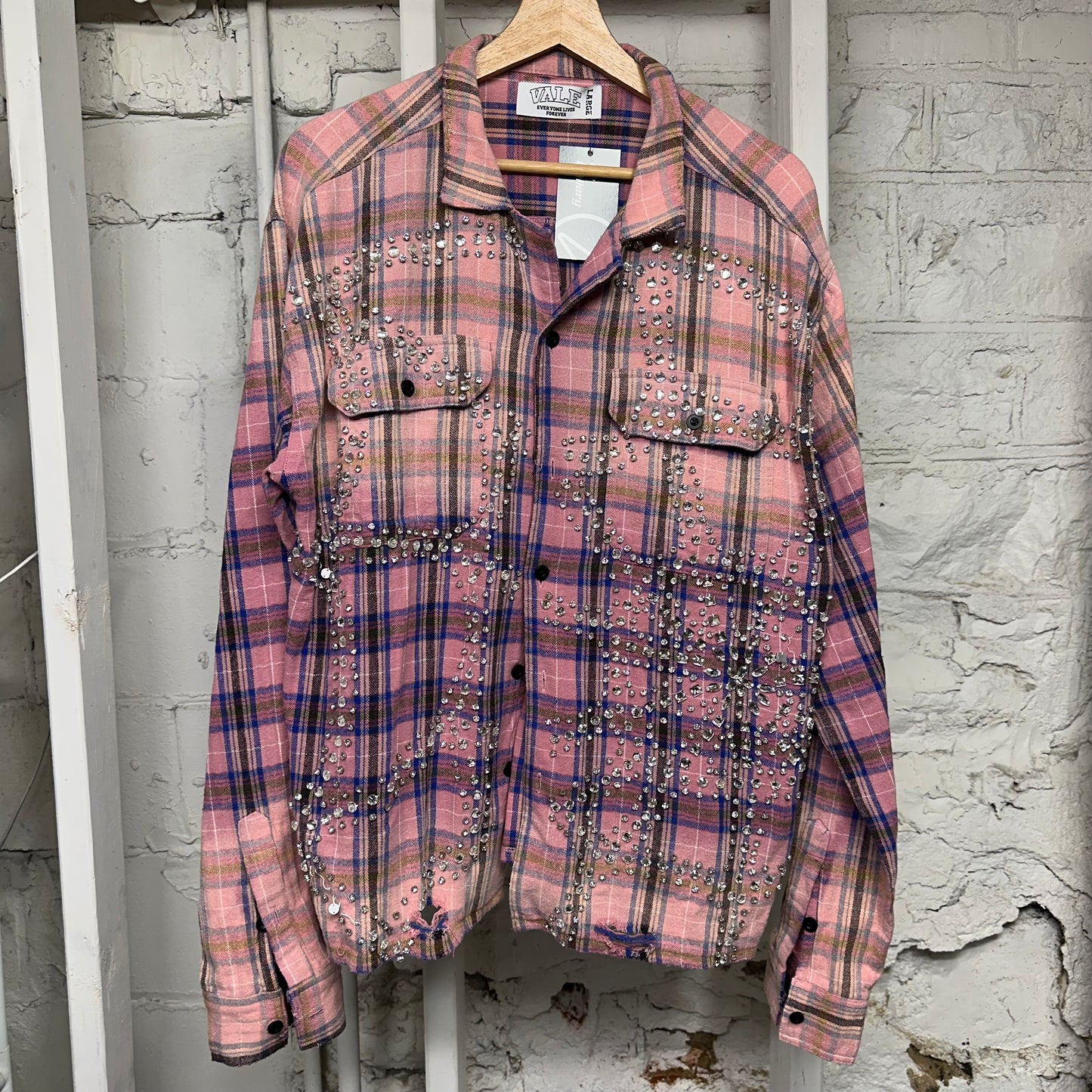 Vale Pink Plaid Rhinestone Flannel Sz L