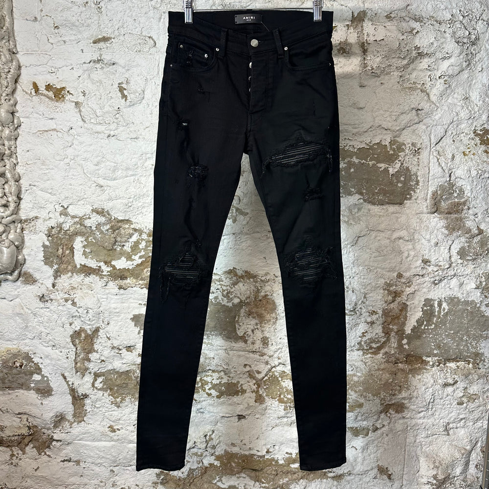 Amiri MX1 Black Leather Black Denim Jeans Sz 29