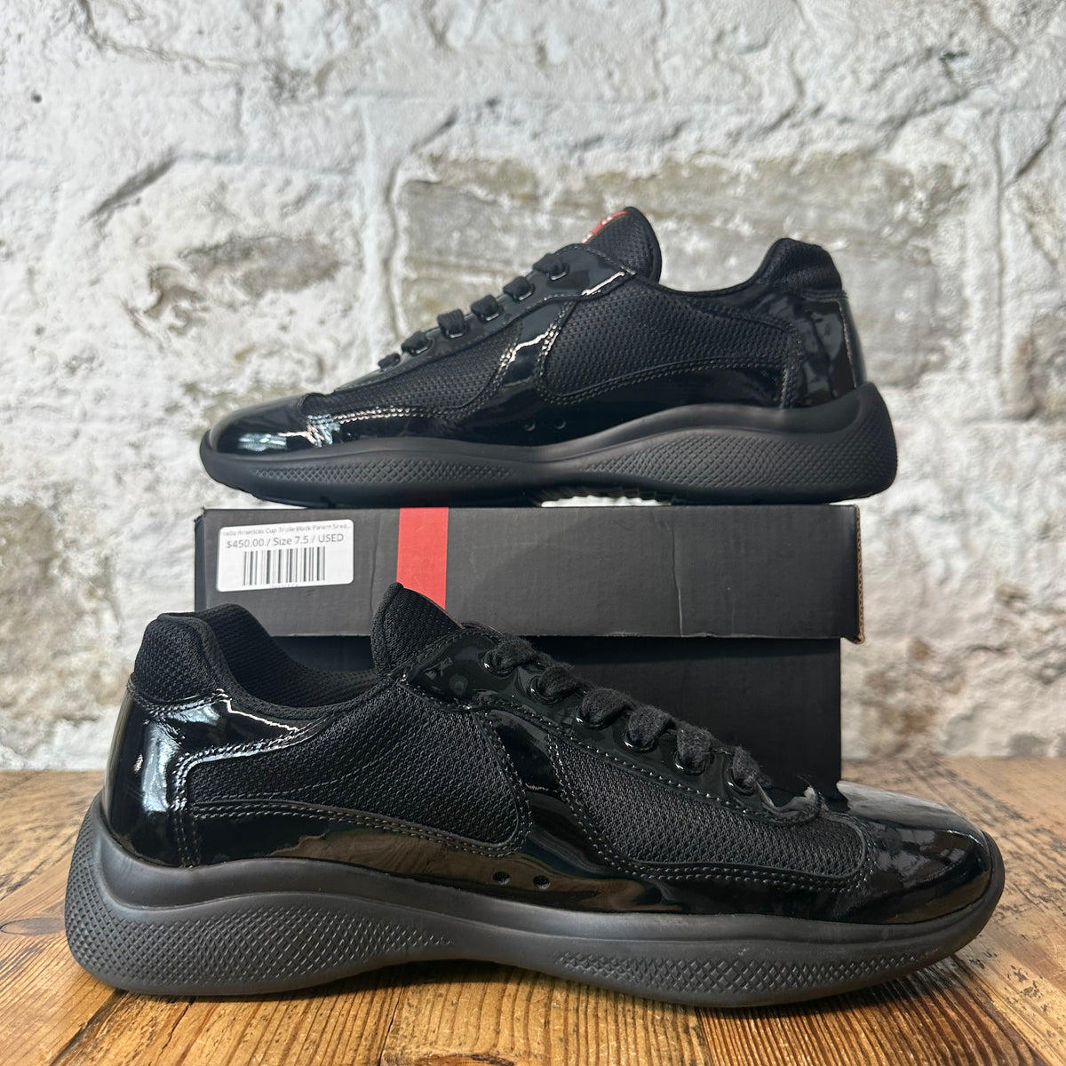 Prada Americas Cup Triple Black Patent Sneaker Sz 7.5