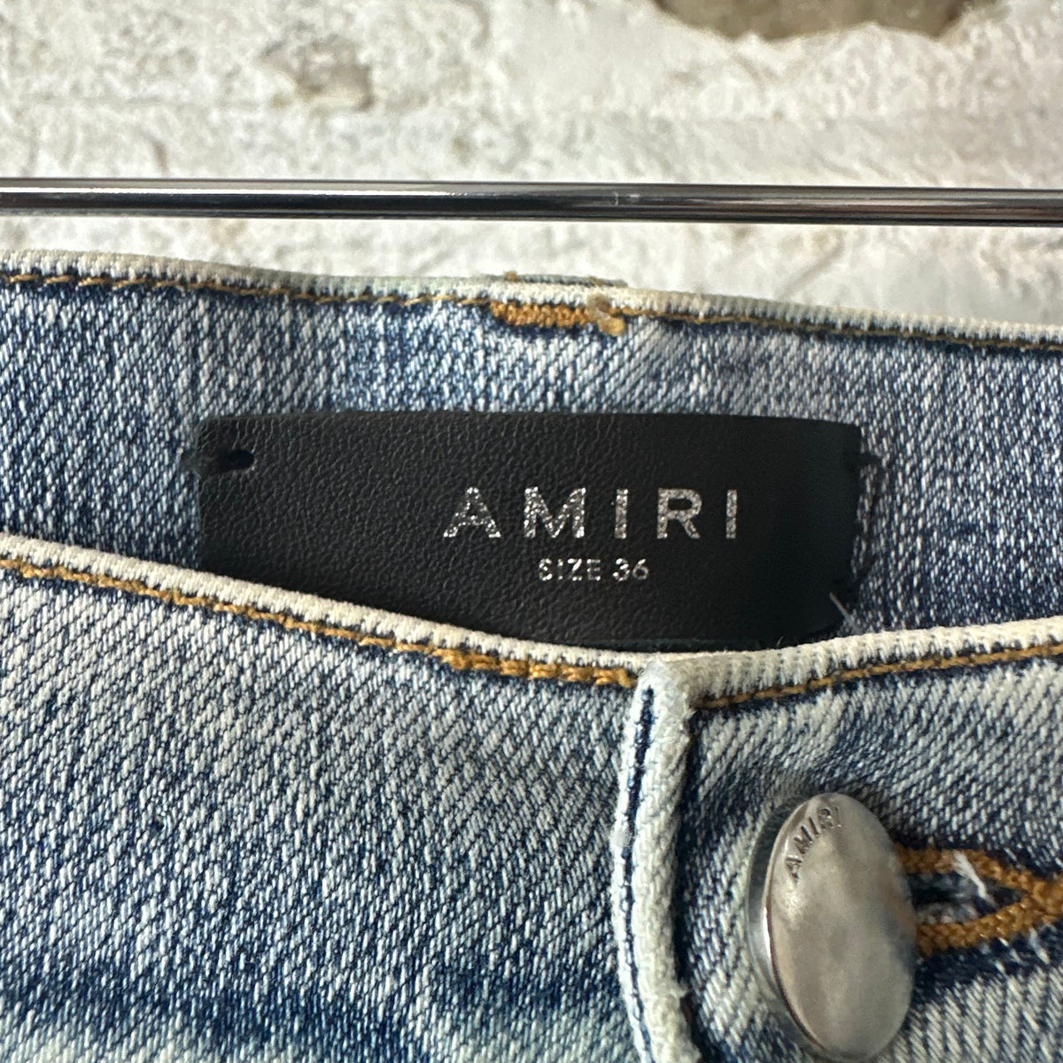 Amiri MX1 Black Leather Washed Blue Denim Jeans Sz 36