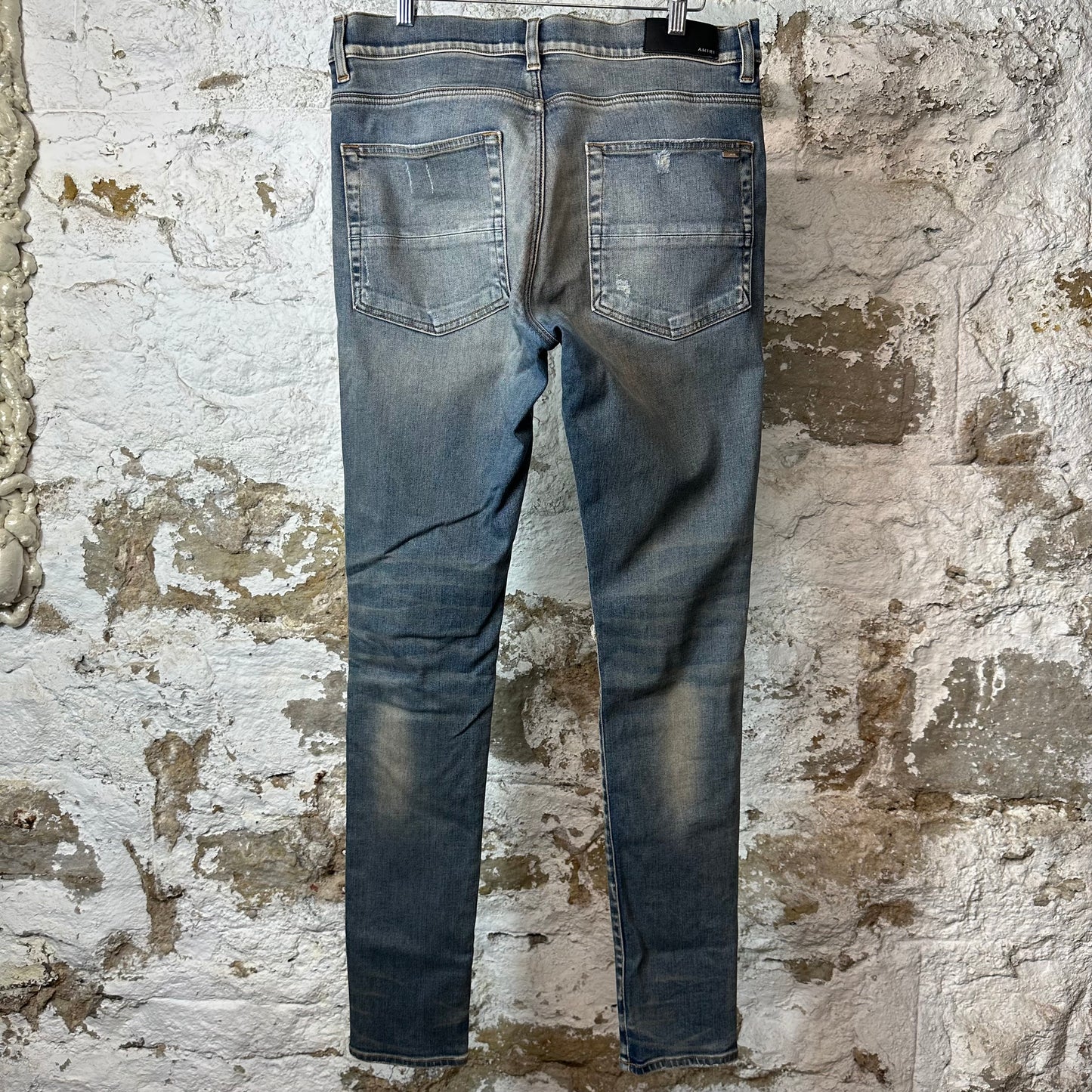 Amiri MX1 Black Leather Dirty Blue Denim Jeans Sz 34