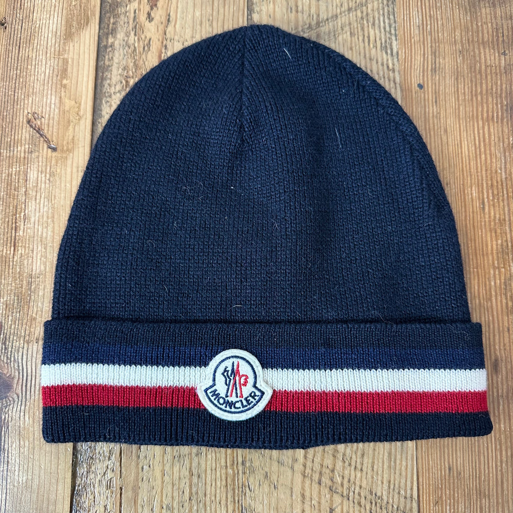 Moncler Small Logo Stripe Navy Beanie