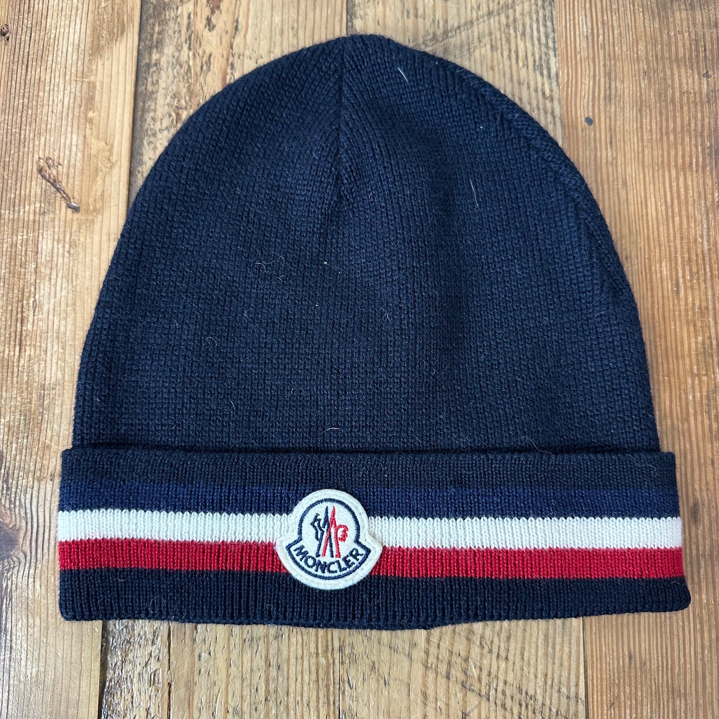 Moncler Small Logo Stripe Navy Beanie