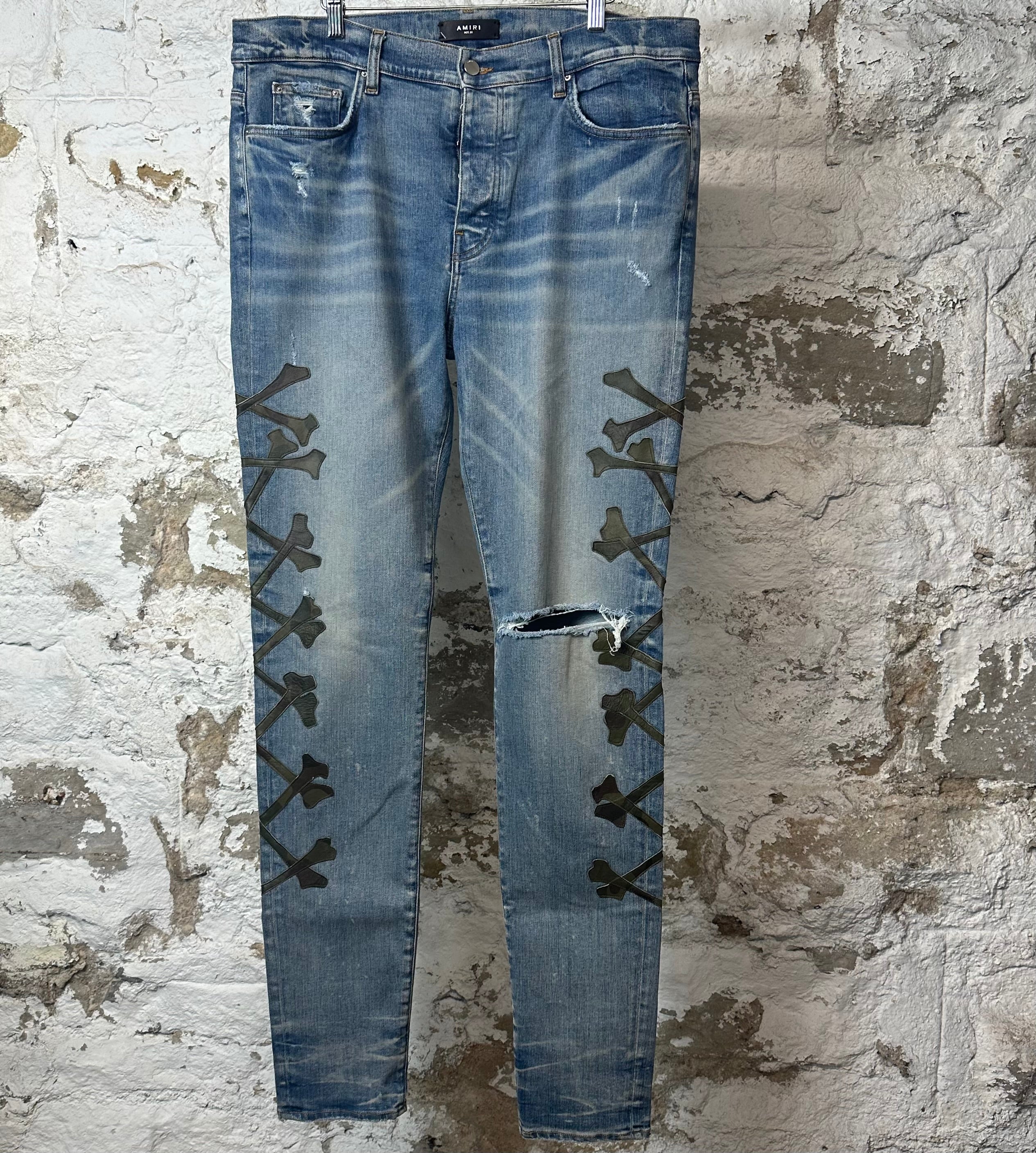 Amiri Green Camo Bones Blue Denim Jeans Sz 38