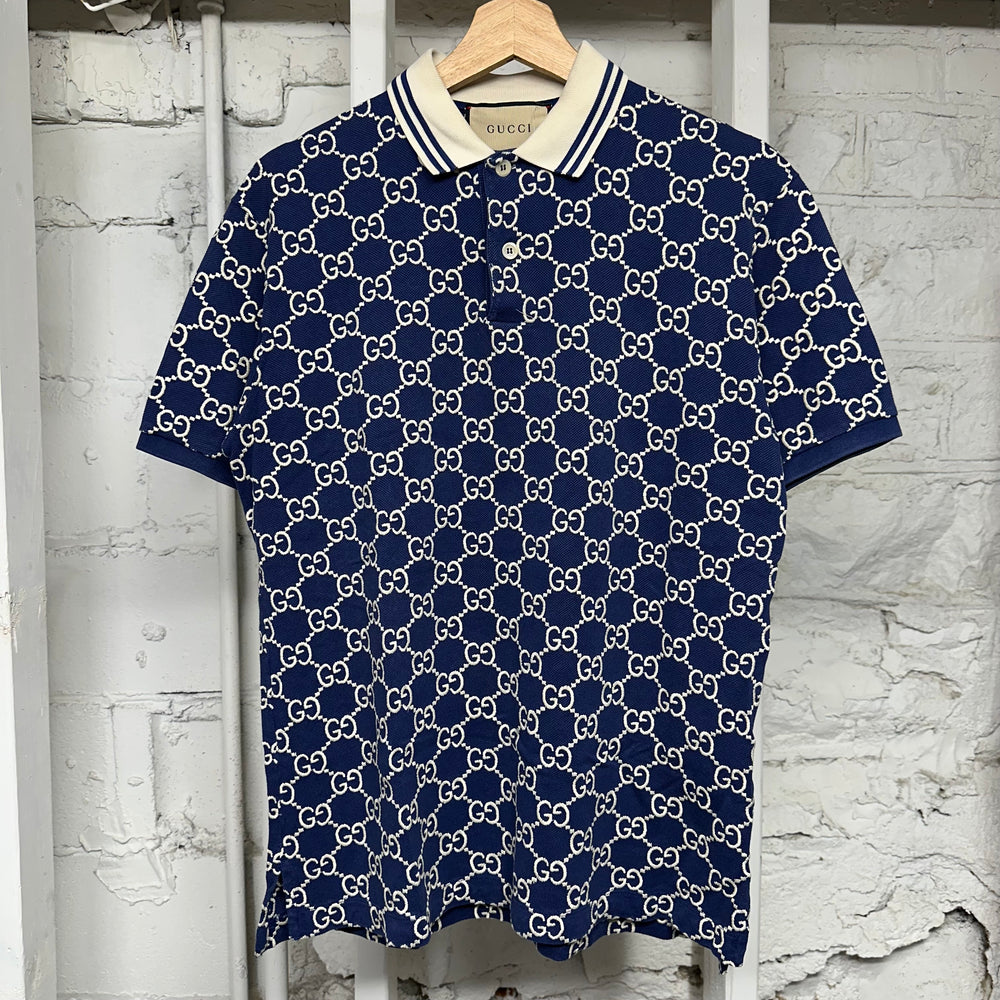 Gucci White GG Monogram Navy Polo Shirt Sz S