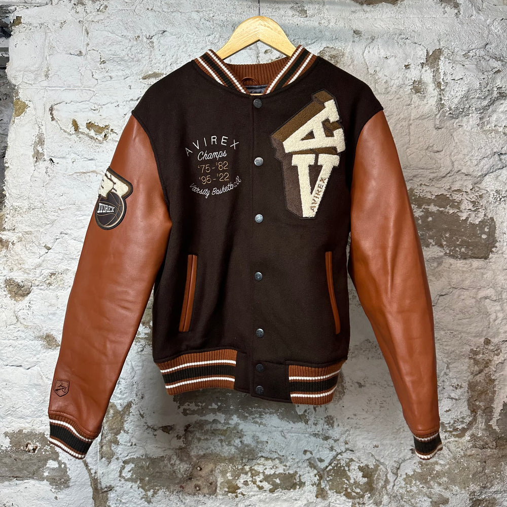 Avirex Varsity Basketball Brown Leather Wool Jacket Sz M