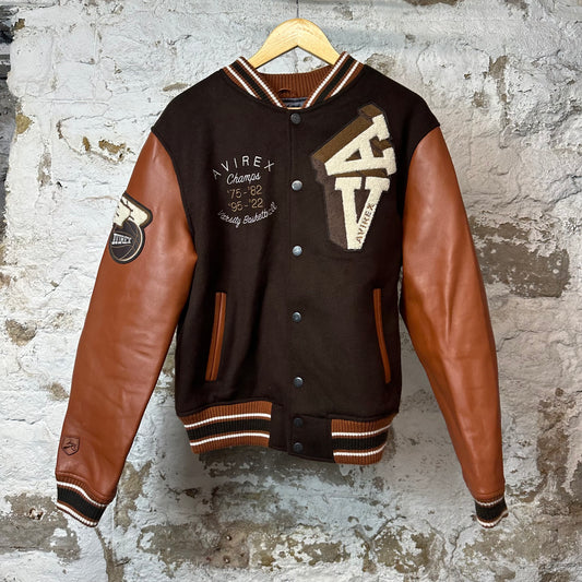 Avirex Varsity Basketball Brown Leather Wool Jacket Sz M