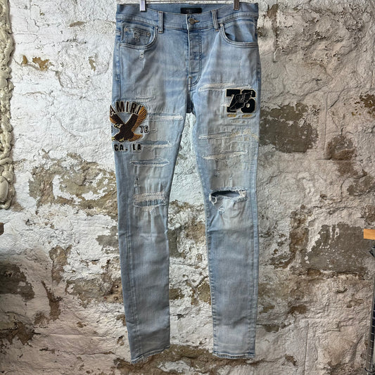 Amiri Eagle EMbroidered Patch Blue Denim Jeans Sz 32