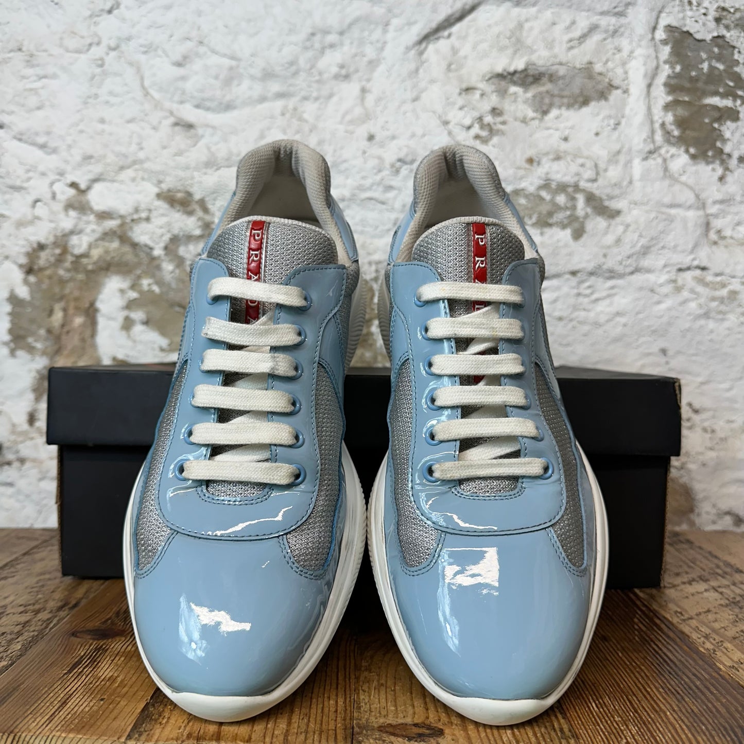 Prada Americas Cup Baby Blue Patent Gray White Sneaker Sz 9.5