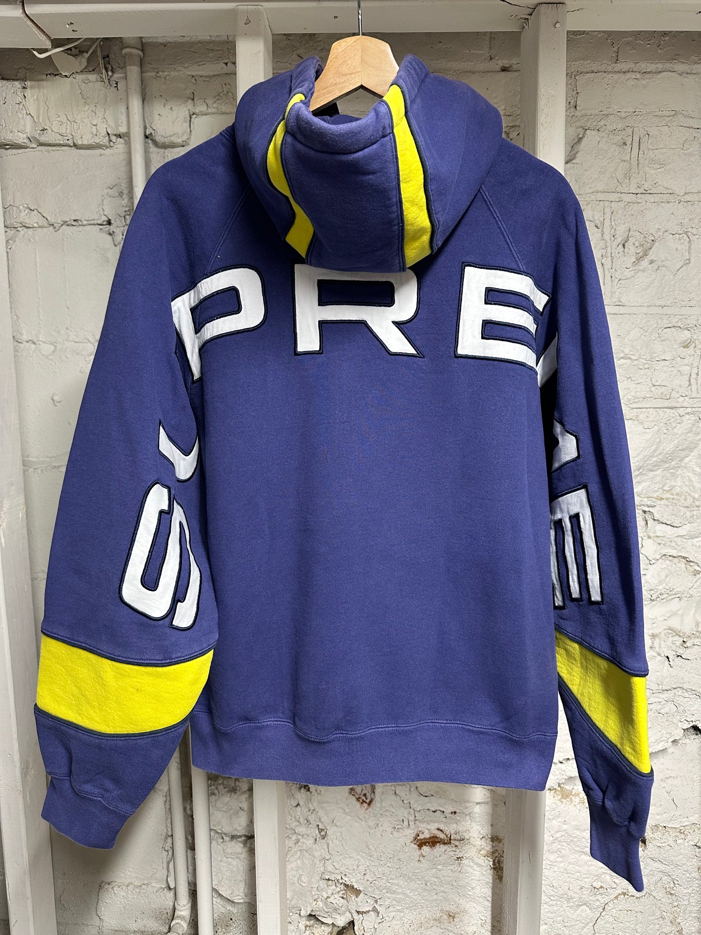 Supreme Back Spell Blue Yellow Hoodie Sz S