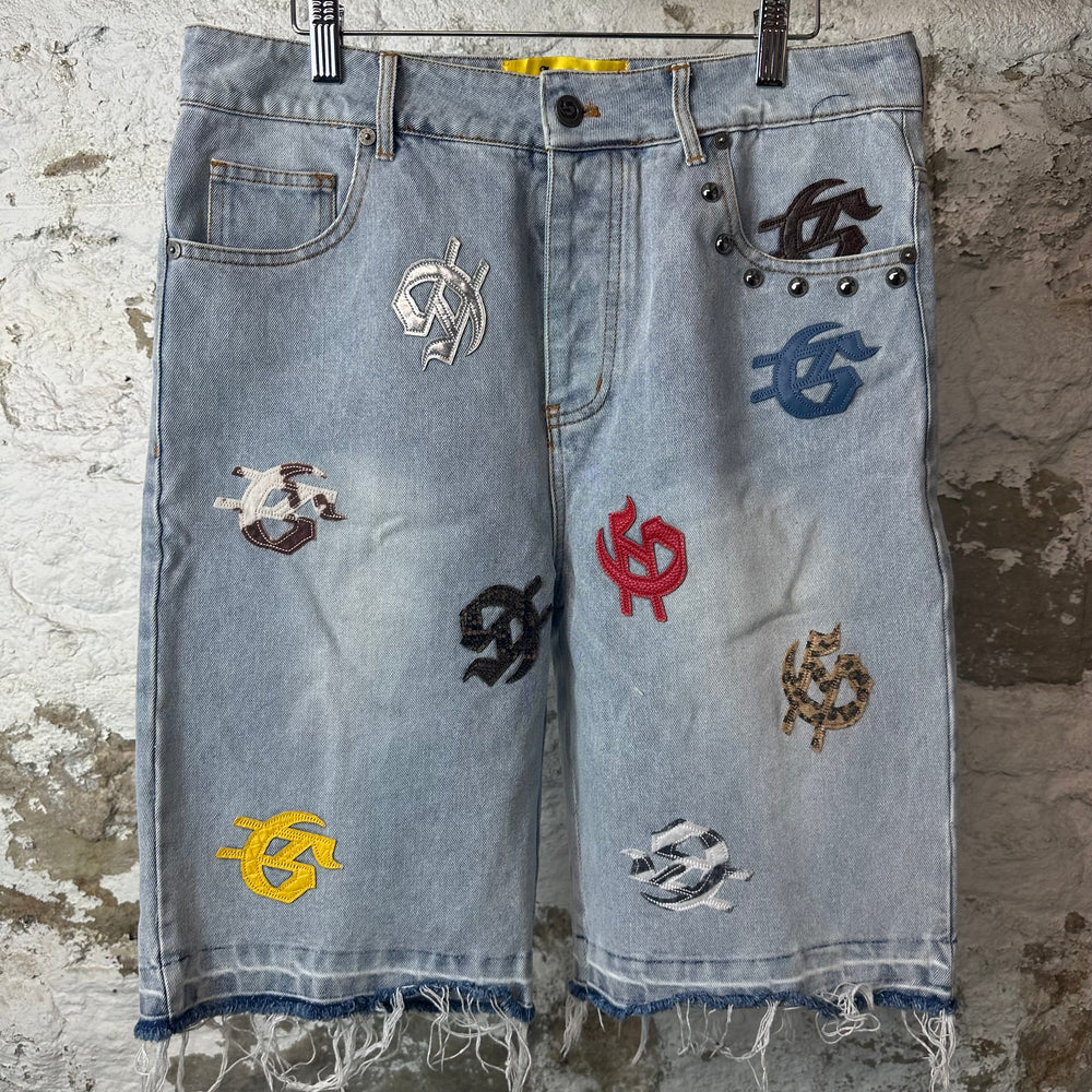Godspeed Multicolor G Patch Light BLue Jean Shorts Sz 32