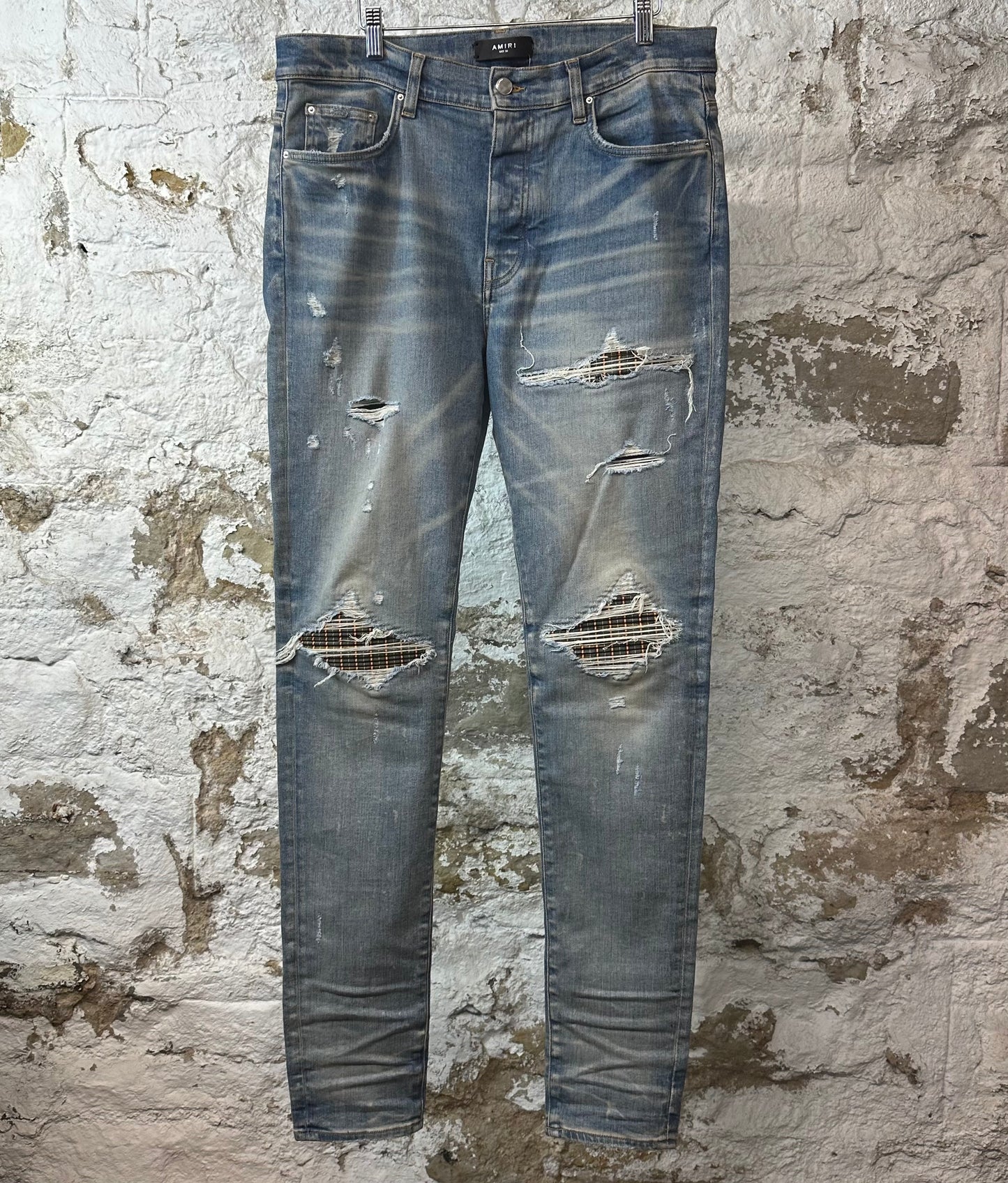 Amiri MX1 Gray Orange Plaid Blue Denim Jeans Sz 36