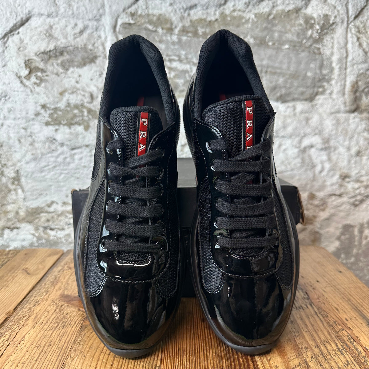 Prada Americas Cup Triple Black Patent Sneaker Sz 10