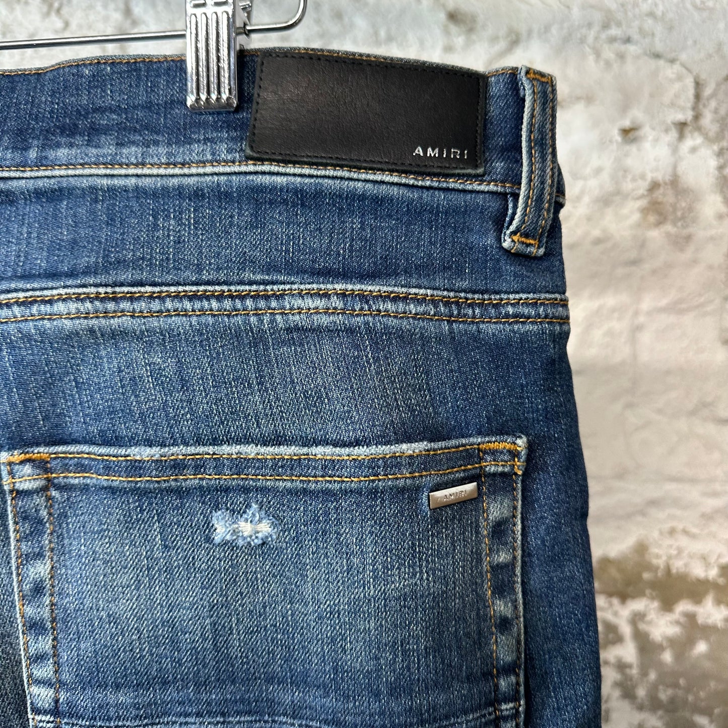 Amiri MX1 Black Leather Dark Blue Denim Jeans Sz 36