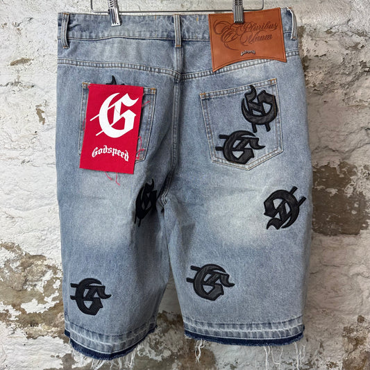 Godspeed Black Leather Patch Blue Jean Shorts Sz 32 DS