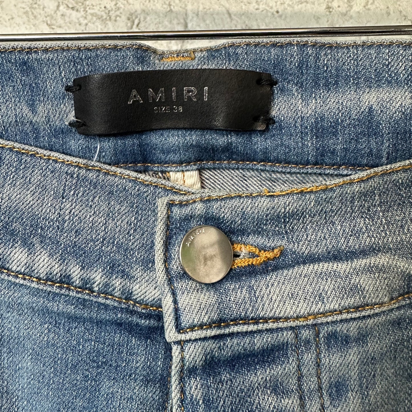 Amiri MX1 Orange Suede Blue Denim Jeans Sz 38