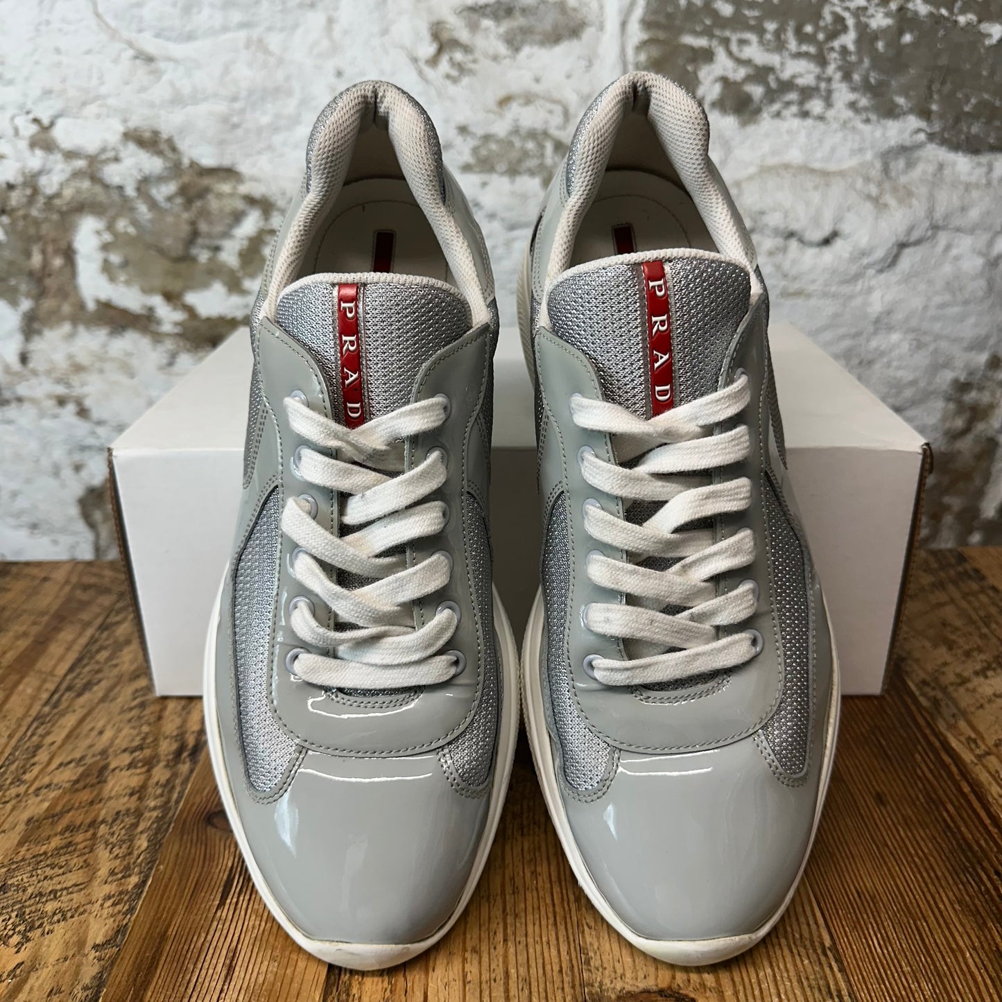Prada Americas Cup Grey Patent White Sneaker Sz 11