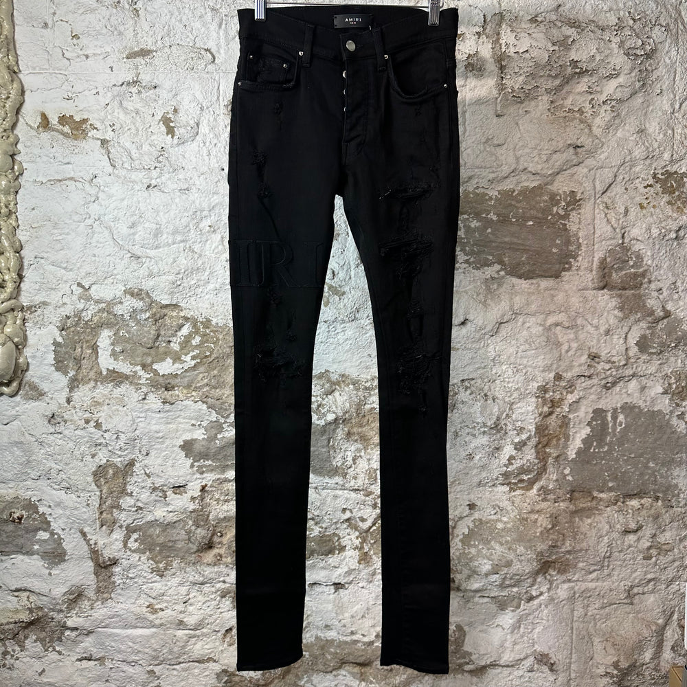 Amiri Black Suede Core Logo Black Denim Jeans Sz 28