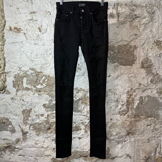 Amiri Black Suede Core Logo Black Denim Jeans Sz 28