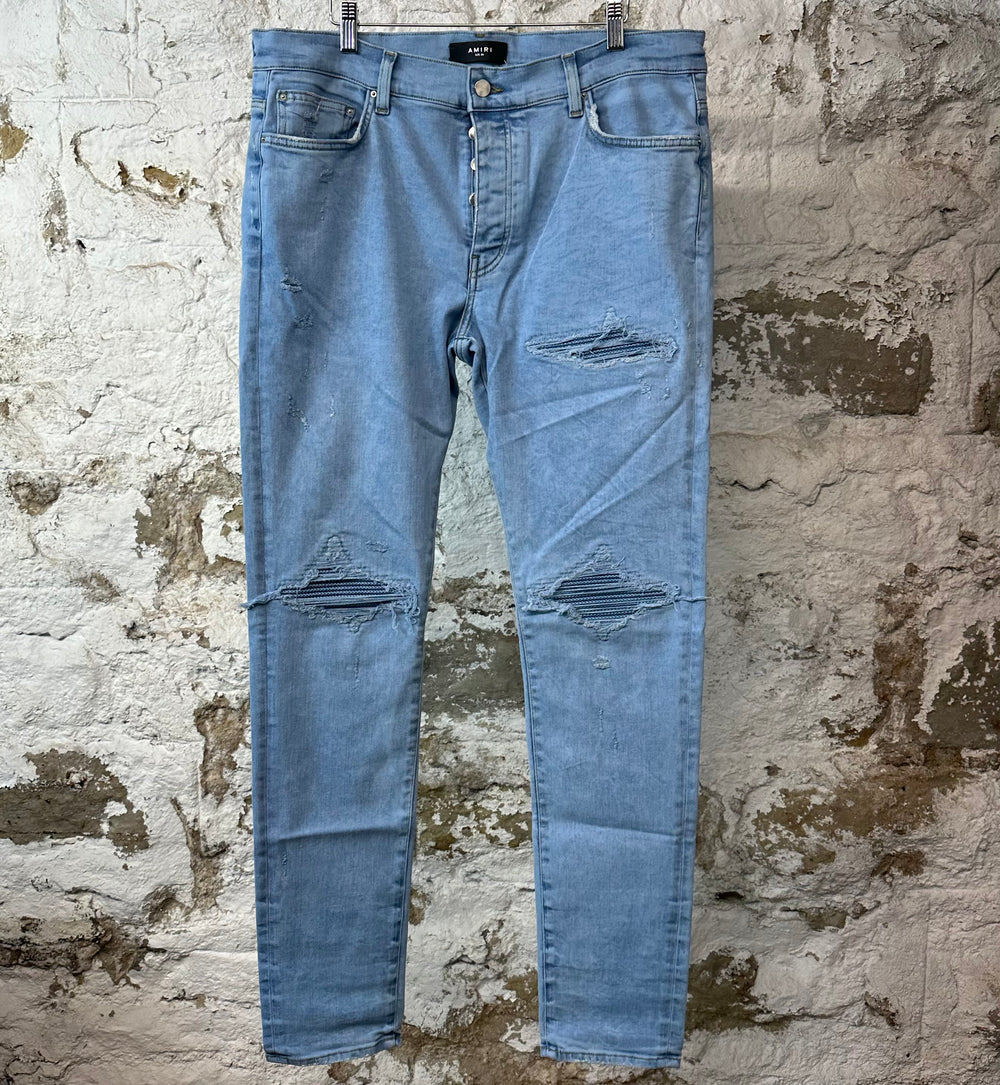 Amiri MX1 Blue Knit Patch Washed Blue Denim Jeans Sz 36