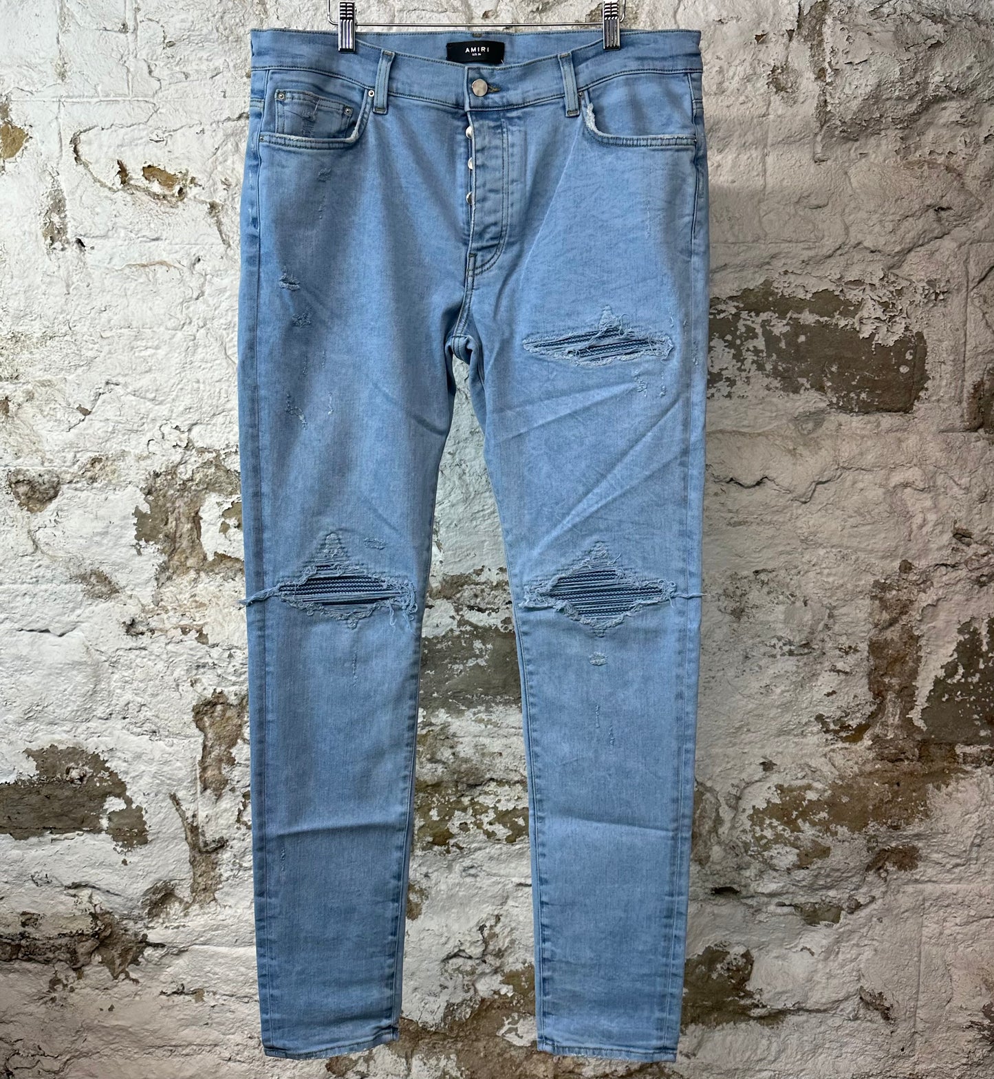 Amiri MX1 Blue Knit Patch Washed Blue Denim Jeans Sz 36