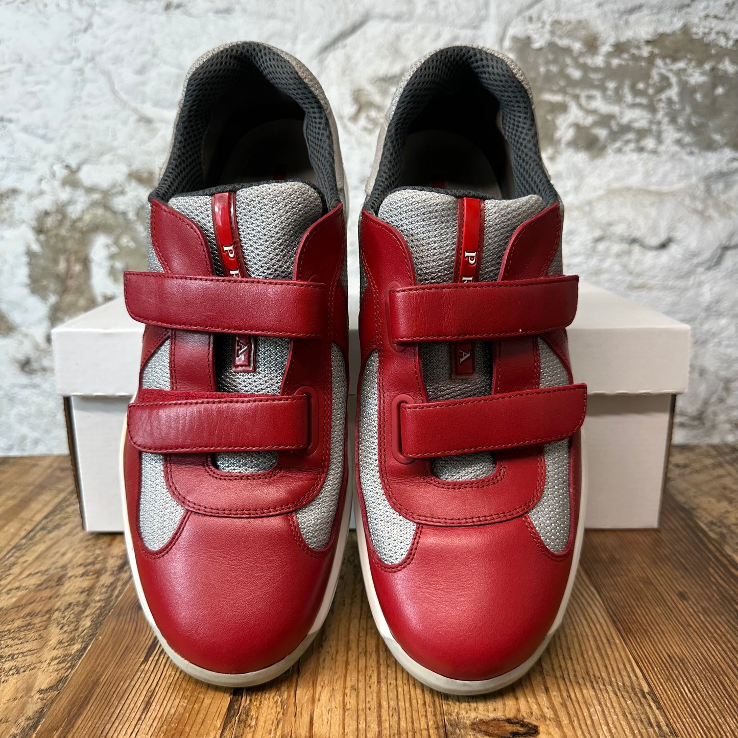 Prada Americas Cup Vintage Red Leather Strap Grey Sneaker Sz 8