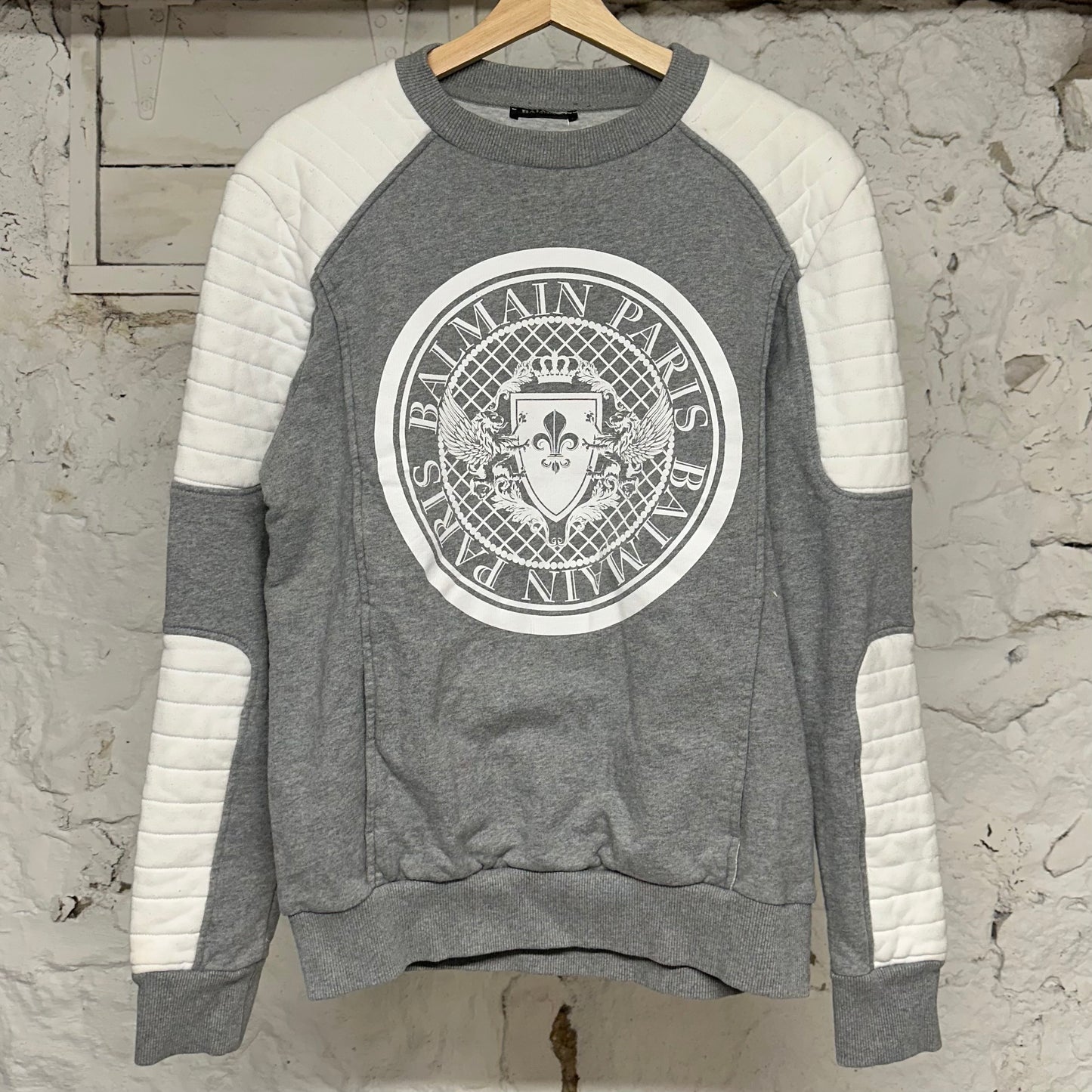 Balmain Paris White Logo Grey Crewneck Sz M