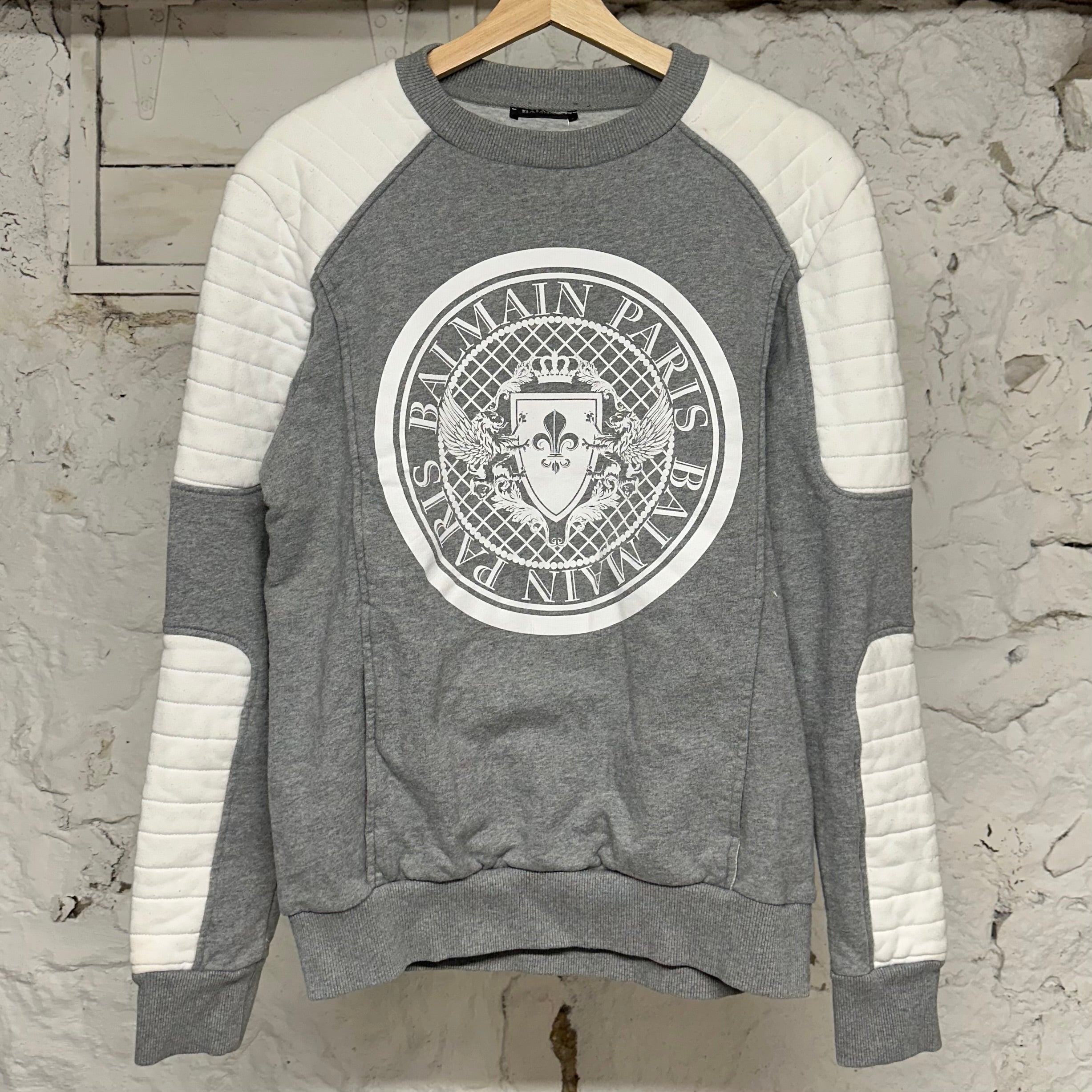Balmain Paris White Logo Grey Crewneck Sz M