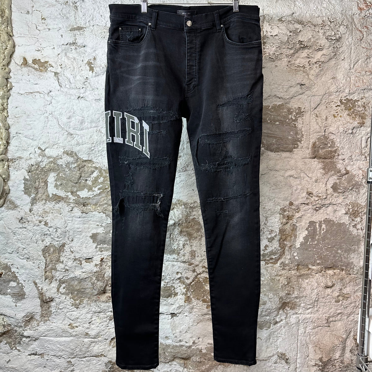 Amiri Varsity Patch Distressed Black Denim Jeans Sz 38
