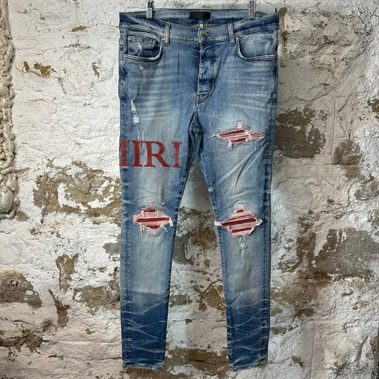 Amiri MX1 Red Suede Spell Blue Denim Jeans Sz 36