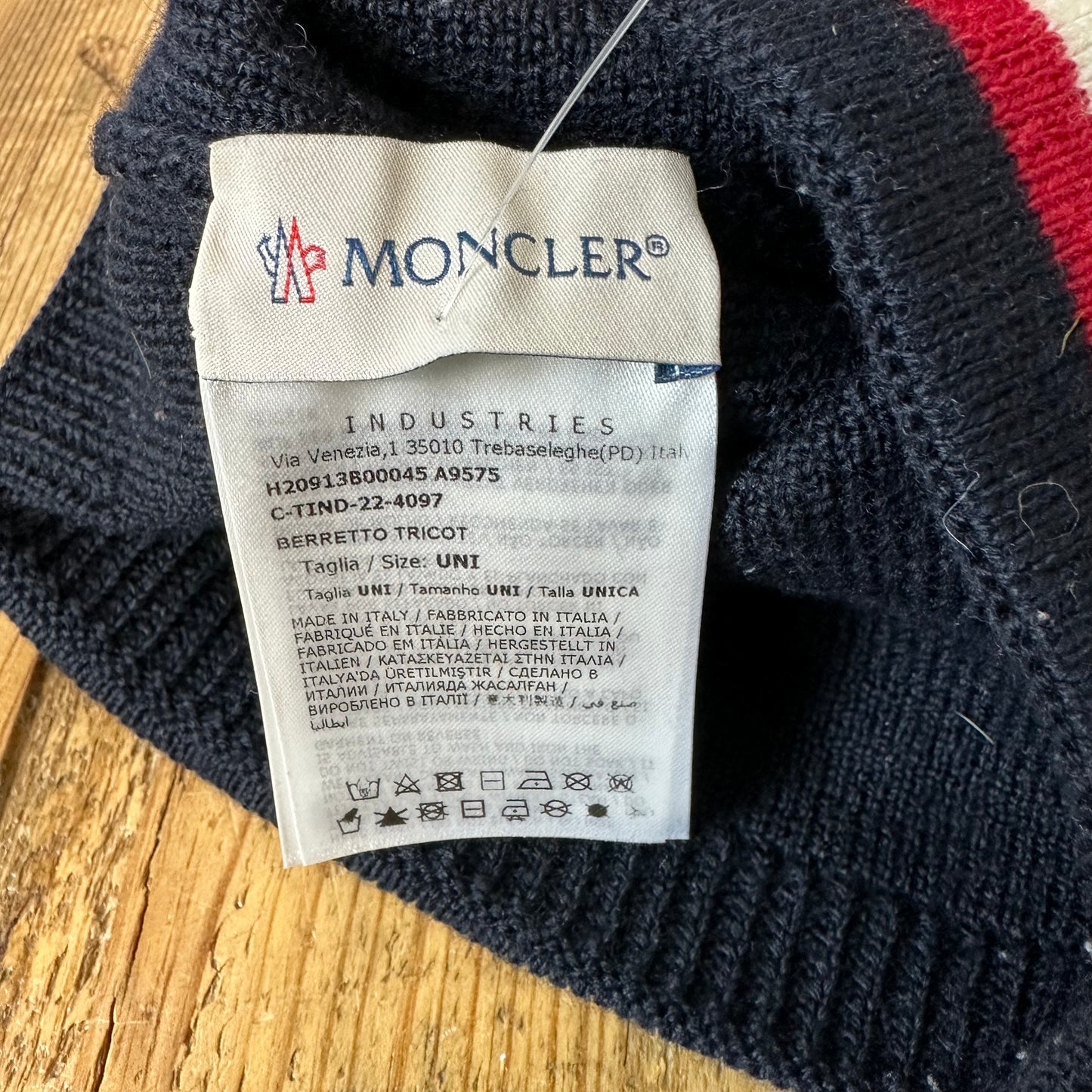 Moncler Small Logo Stripe Navy Beanie