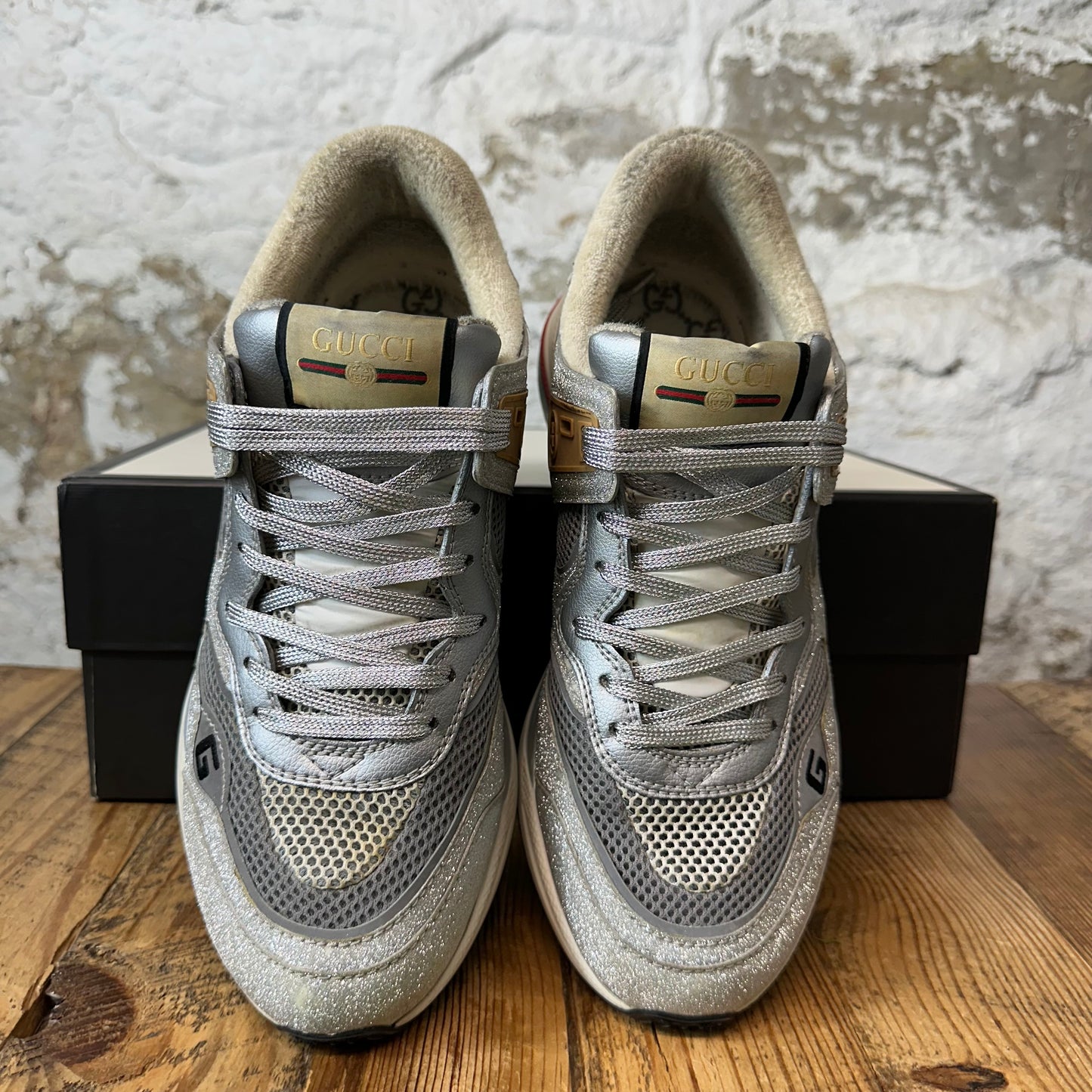 Gucci Ultrapace Silver Cream Sneaker Sz 7.5