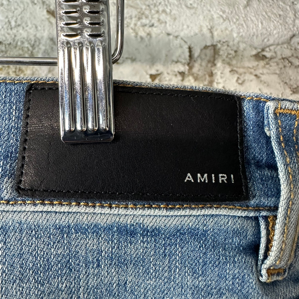 Amiri MX1 Grey Orange Plaid Patch Blue Denim Jeans Sz 34