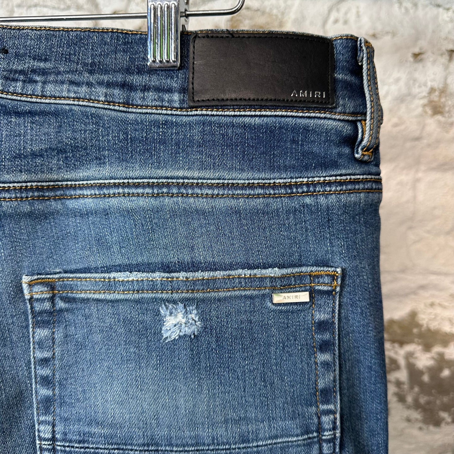 Amiri MX1 Black Leather Dark Blue Denim Jeans Sz 38