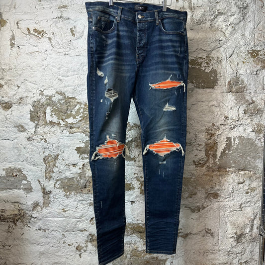 Amiri MX1 Orange Suede Dark Blue Denim Jeans Sz 40