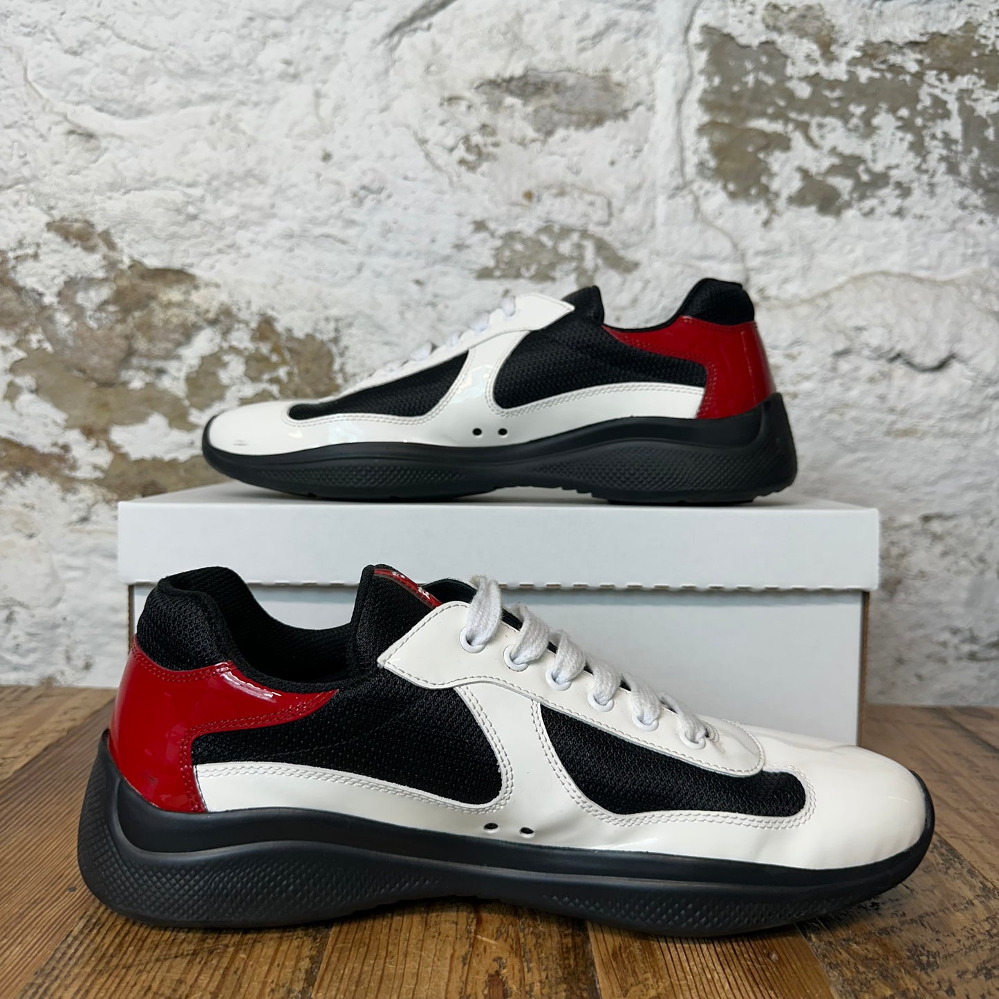 Prada Americas Cup White Patent Red Black Sneaker Sz 8 No Box