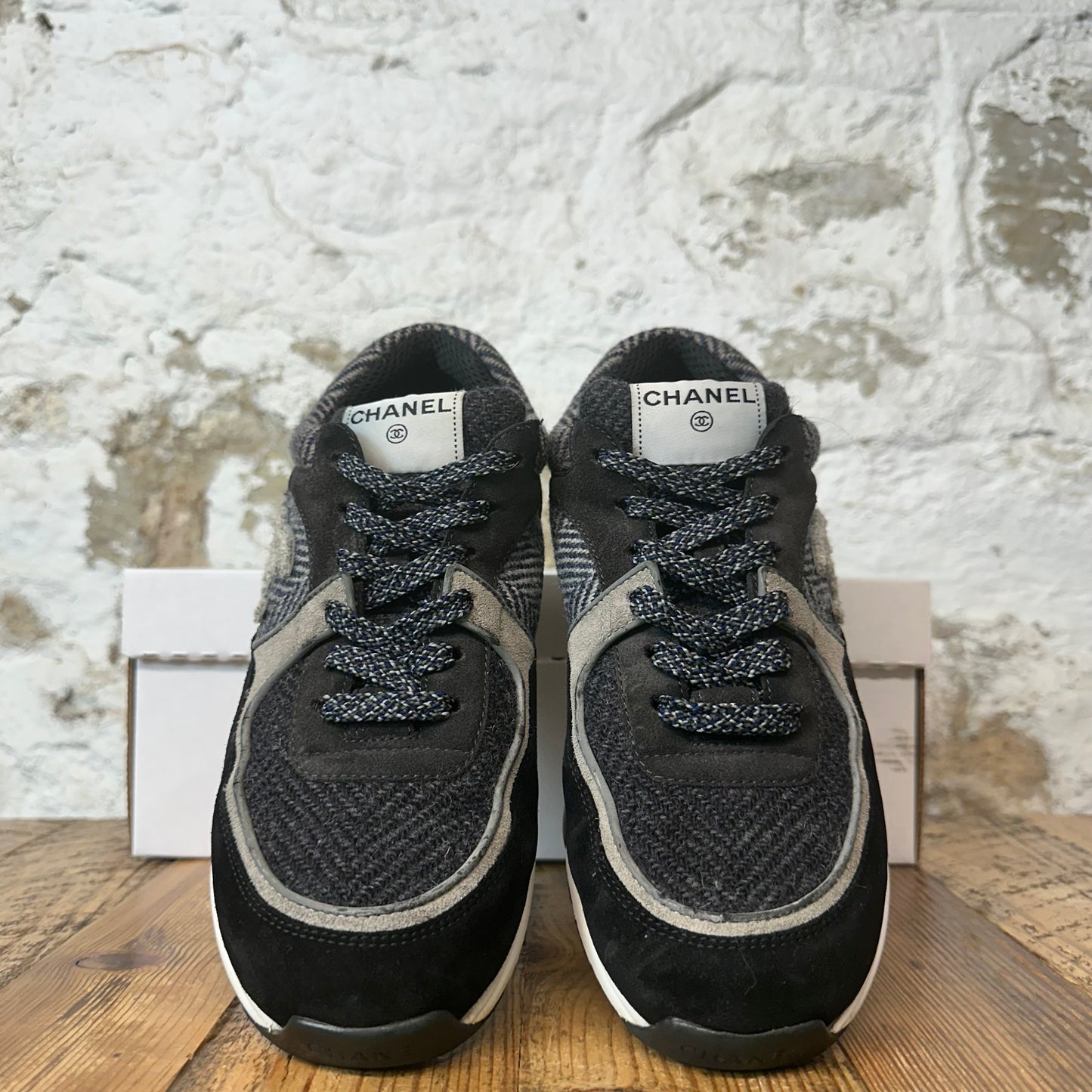 Chanel Black Grey Tweed CC Trainer Sneaker Sz 8 (41)